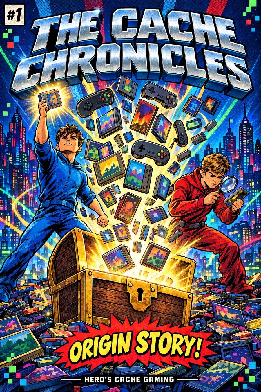 The Cache Chronicles #1 cover: two comic-book heroes beside a glowing treasure chest bursting with game cartridges, with the banner Origin Story