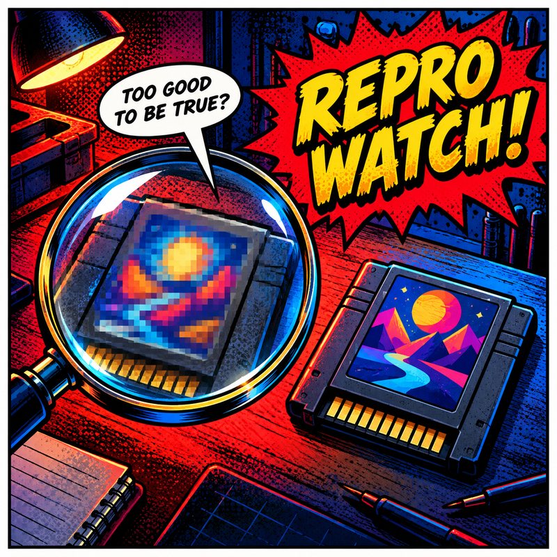 Comic panel: a magnifying glass over a game cartridge with the words Repro Watch and Too good to be true